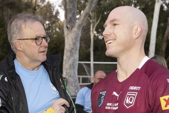Prime Minister Anthony Albanese speaking to independent ACT Senator David Pocock ahead of last week's parliamentary State of Origin touch rugby game.