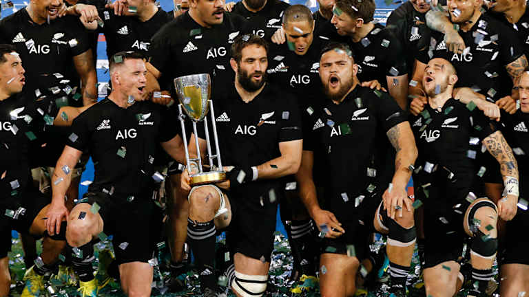 Too good: New Zealand celebrate after winning the Rugby Championship following their victory in Argentina.