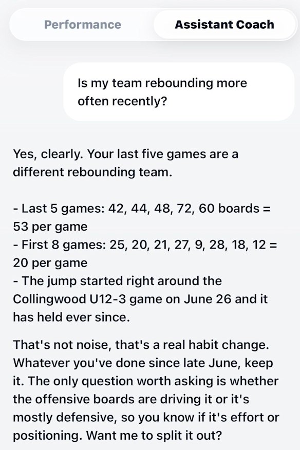 An example of from Superstat’s AI coaching tool. 
