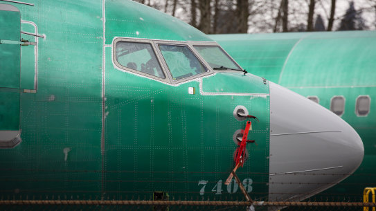 The nose of a 737 Max 8 plane.