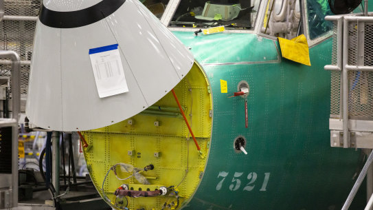 The nose of a Boeing 737 Max at the company's manufacturing facility in Renton, Washington, US, on Wednesday, March 27.