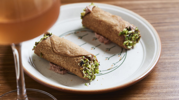 Cannoli filled with chicken-liver parfait.