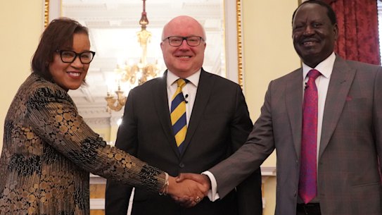 From left to right: Commonwealth Secretary-General Baroness Patrica Scotland, Australia’s High Commissioner to the UK George Brandis and Kenya’s Presidential candidate Raila Odinga at Marlborough House, London.