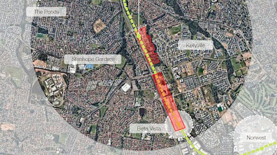 Government land next to the Bella Vista and Kellyville metro stations, which has been planned by Landcom but remains undeveloped.