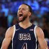Steph Curry roars after nailing a three-point shot.