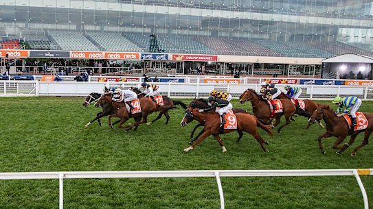 Sierra Sue, with Daniel Moor in the saddle, wins the Sir Rupert Clarke Stakes at Caulfield in front of an empty grandstand.