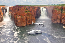 True North sailing the Kimberley region, with its onboard helicopter to transport guests to hard-to-get-to spots. 