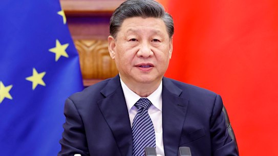 Chinese President Xi Jinping speaks during a video meeting with European Union leaders on Saturday.