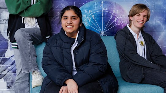 St Mary’s High School HSC students, from left, Judy Chen, Mauli Nayak, and John Jackson have all chosen the most popular – and some would say difficult – combination of courses.