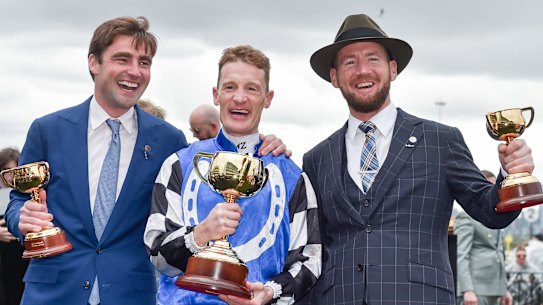 David Eustace (left) and Ciaron Maher (right), pictured with jockey Mark Zahra after Tuesday’s Melbourne Cup win of Gold Trip.