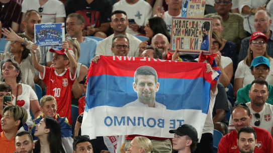 Serbian fans at Rod Laver Arena in support of Novak Djokovic.