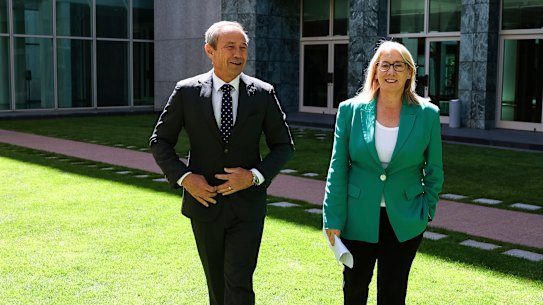 WA Premier Roger Cook and WA Deputy Premier Rita Saffioti arrive for a press conference at Parliament House in Canberra on Wednesday.