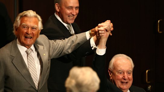 Labor prime ministers Bob Hawke, Paul Keating and Gough Whitlam at Kevin Rudd’s campaign launch in 2007.