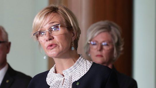 Zali Steggall launching her Climate Change Bill at Parliament on Monday, with fellow independent MPs Andrew Wilkie and Helen Haines.