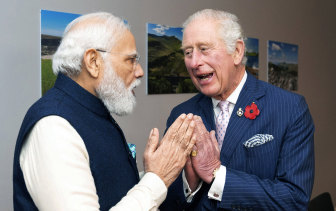 Britain’s Prince Charles, right, greets India’s Prime Minister Narendra Modi, ahead of their bilateral meeting, during the COP26 summit.