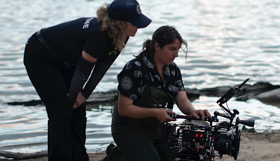 Cinematographer Bonnie Elliott (right) and director Daina Reid on the set of the Sarah Snook horror-thriller Run Rabbit Run this year.