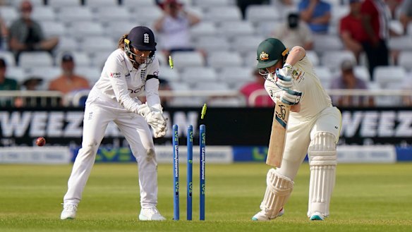 Australia’s Alyssa Healy is bowled for a duck by England’s Sophie Ecclestone.
