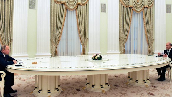 Russian President Vladimir Putin and German Chancellor Olaf Scholz during their talks at the Kremlin in Moscow.