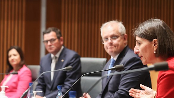Then NSW premier Gladys Berejiklian (right) addresses a national cabinet meeting in December 2020, alongside Scott Morrison, Daniel Andrews and Annastacia Palaszczuk.