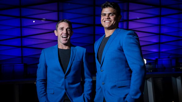 Happier times ... NSW coach Brad Fittler and centre Latrell Mitchell.