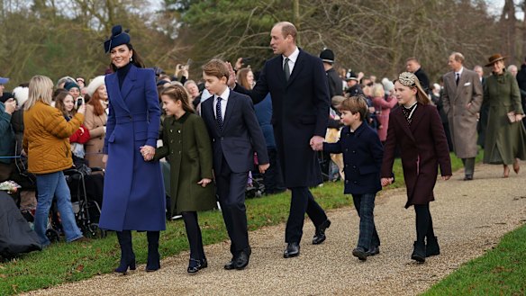 Catherine, Princess of Wales, Princess Charlotte, Prince George, William, the Prince of Wales, Prince Louis and Mia Tindall in December last year.