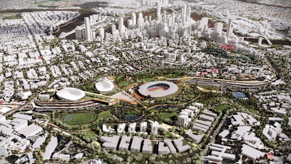 Brisbane Bold would include (left to right) a new Brisbane Arena, an aquatic centre, and an Olympic stadium, which would be used for concerts, AFL and cricket post-Games. This version also includes an athletes’ village, which will now be built at Hamilton.