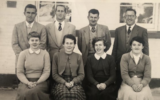 Maths teacher Frank Clatworthy (back, second from left) at Boorowa Central School in the late 1950s.