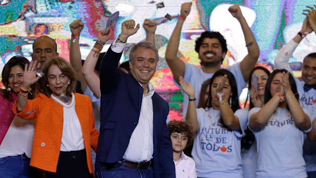 Ivan Duque, from the Democratic Centre party, celebrates his victory in Bogota, Colombia.