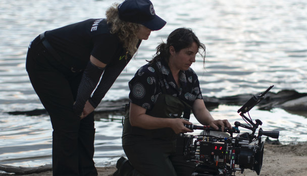 Cinematographer Bonnie Elliott (right) and director Daina Reid on the set of the Sarah Snook horror-thriller Run Rabbit Run this year.