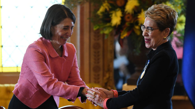 Her Excellency the Honourable Margaret Beasley AO QC is congratulated by NSW Premier Gladys Berejiklian after being sworn in as the 39th Governor of NSW at Government House in Sydney.