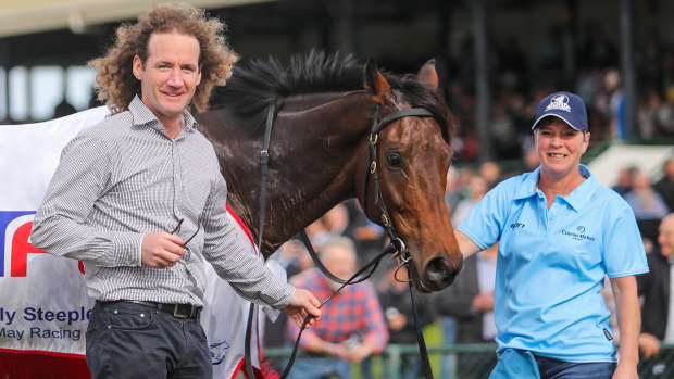 Ciaron Maher and Angela Taylor-Moy with Bit Of A Lad after the Brierly Steeplechase.