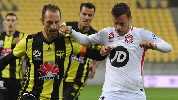 Oriol Riera challenges Wellington's Andrew Durante for the ball in last weekend's 3-0 win at Westpac Stadium.