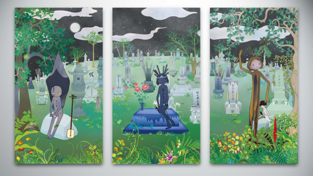 Chiho Aoshima's interactive video triptych Little Miss Gravestone’s Absent Musing, 2016.