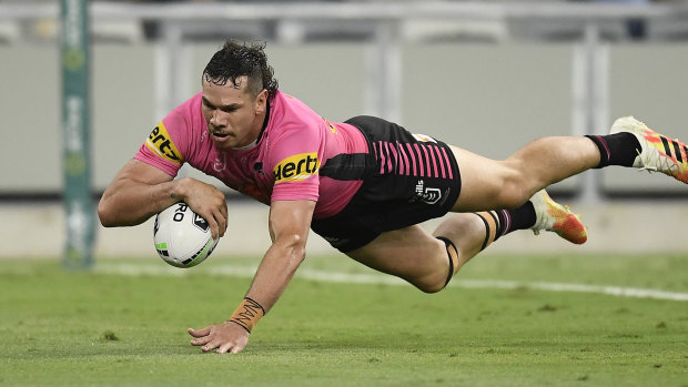 Brent Naden scores a try during minor premiers' Penrith's stunning NRL season.