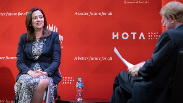 Premier Annastacia Palaszczuk in conversation with journalist Kerry O’Brien at the Home of the Arts on Thursday night.