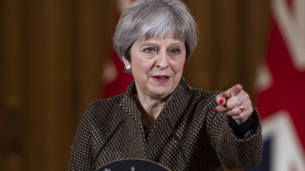 UK Prime Minister Theresa May during a news conference at number 10 Downing Street following air strikes in Syria on Saturday.