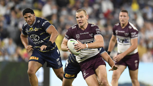 Tom Trbojevic launches another attack from the back against the Cowboys.