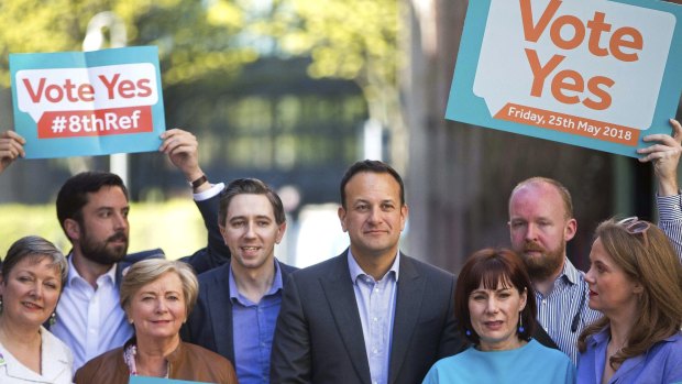 Irish Prime Minister Leo Varadkar, centre, at an event to support a yes vote in the upcoming referendum on the repeal of the 8th Amendment.