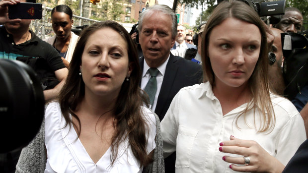 Michelle Licata, left, and Courtney Wild, alleged victims of Jeffrey Epstein, outside the federal court in New York on Monday.