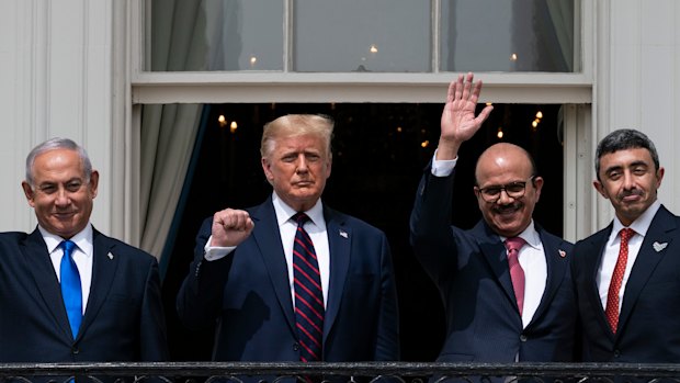 Israeli Prime Minister Benjamin Netanyahu, left, President Donald Trump, Bahrain Foreign Minister Khalid bin Ahmed Al Khalifa and United Arab Emirates Foreign Minister Abdullah bin Zayed al-Nahyan at the White House.