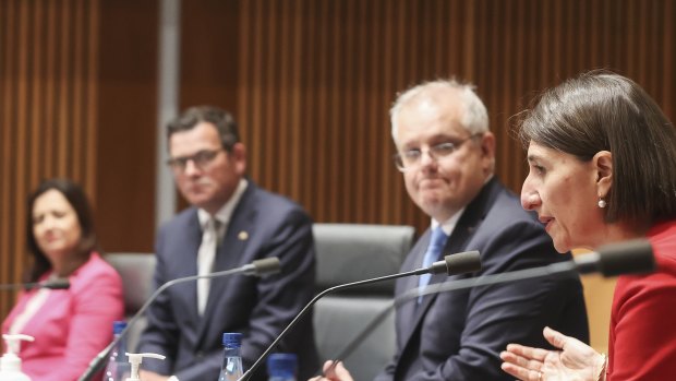 Then NSW premier Gladys Berejiklian (right) addresses a national cabinet meeting in December 2020, alongside Scott Morrison, Daniel Andrews and Annastacia Palaszczuk.