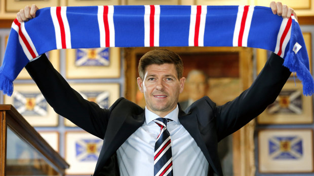 Former England captain Steven Gerrard shows off his Rangers colours.