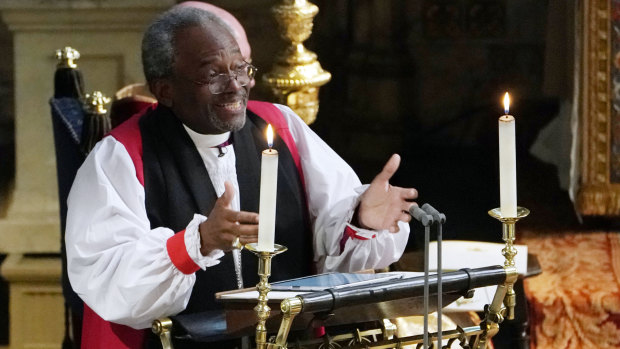 Bishop Michael Curry gives his rousing wedding sermon.