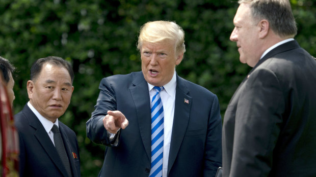 US President Donald Trump talks to Kim Yong-chol, former North Korean military intelligence chief and previously one of leader Kim Jong-un's closest aides, and Secretary of State Mike Pompeo. Kim Yong-chol is said to have been sent to a labour camp.