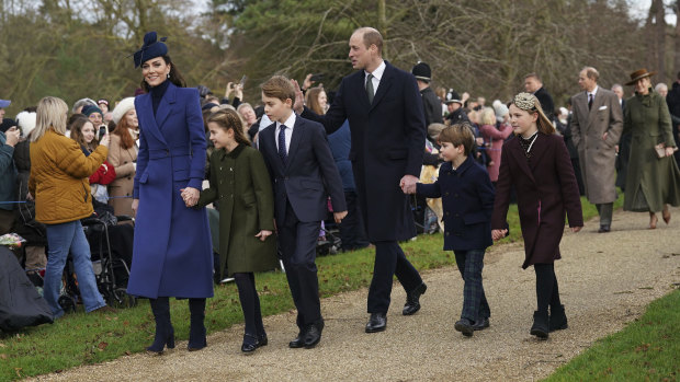 Catherine, Princess of Wales, Princess Charlotte, Prince George, William, the Prince of Wales, Prince Louis and Mia Tindall in December last year.