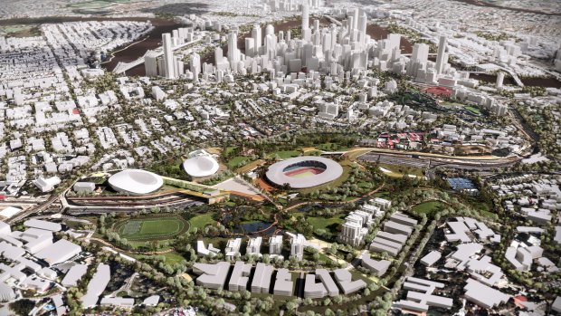 Brisbane Bold would include (left to right) a new Brisbane Arena, an aquatic centre, and an Olympic stadium, which would be used for concerts, AFL and cricket post-Games. This version also includes an athletes’ village, which will now be built at Hamilton.