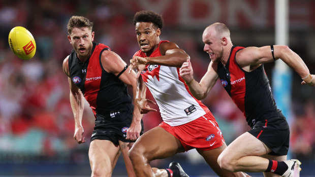 Joel Amartey charges after the ball against Essendon last weekend.