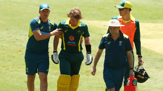 Retired hurt: Will Pucovski is led off the ground during the tour match between the Australia XI and the England Lions at Metricon Stadium on the Gold Coast.