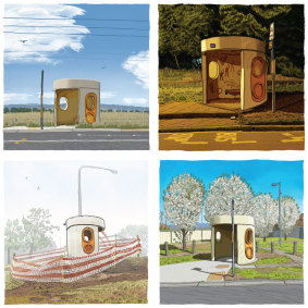 Four of Dickinson's latest drawings. Can you recognise these shelters? 