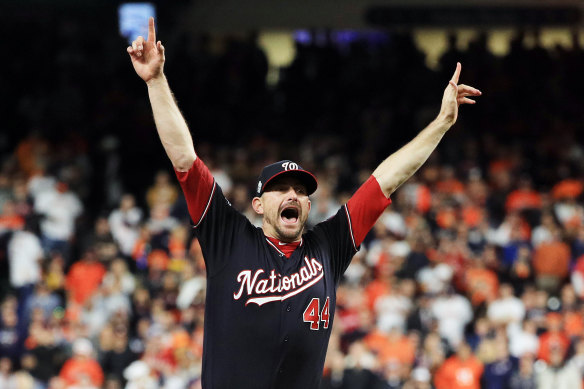 Daniel Hudson celebrates the strikeout to end game seven and hand the Nats their first World Series title.